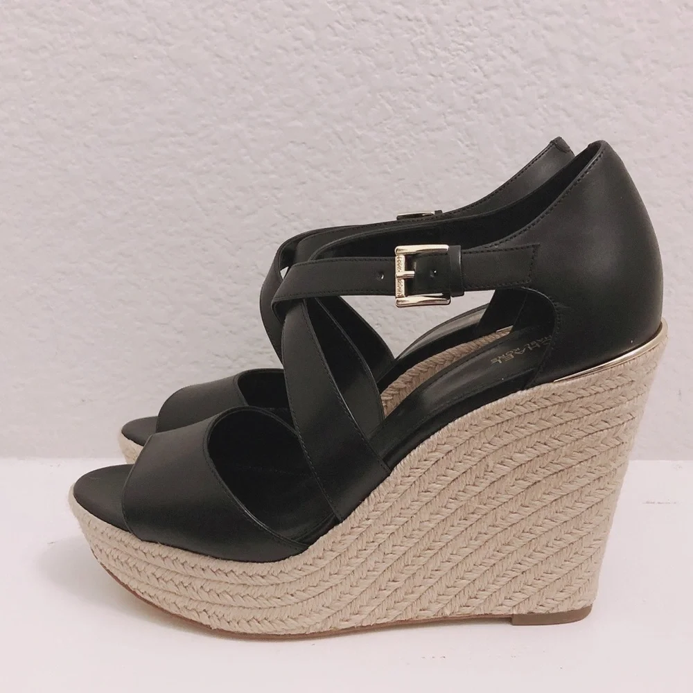 NEW Michael Kors Leather Wedge Sandals Espadrilles Black, Size 9.5 Retail $139 - Picture 3 of 13